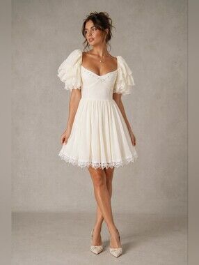 Romantic Bridal Ivory Chiffon Babydoll Dress | Cottagecore Pearl Trim Mini Dress